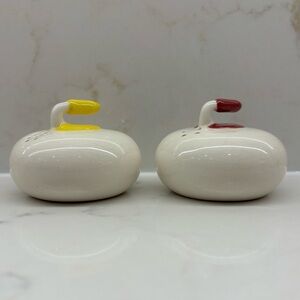 Vintage Curling Rock Salt and Pepper Shaker Set Rare Canadian Winter Bonspiel